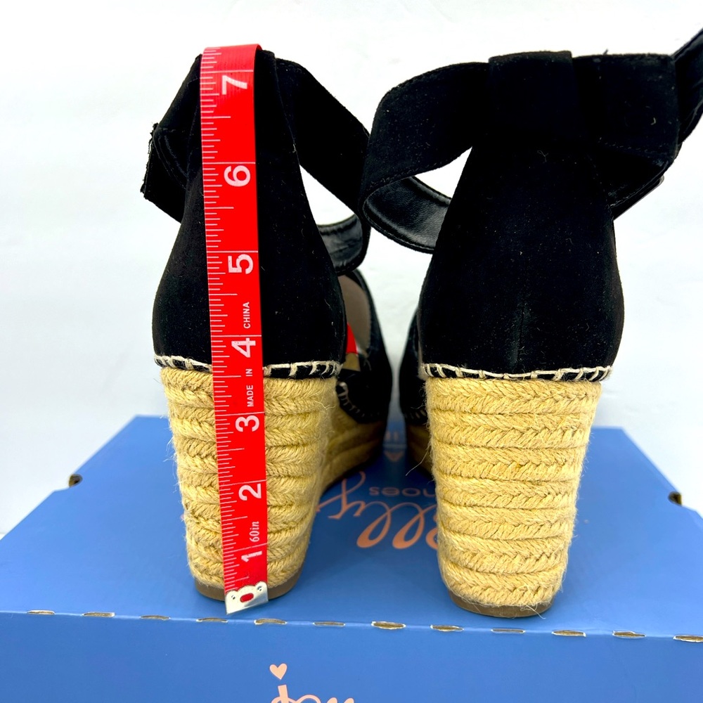 JELLYPOP, RAVISHING BLACK ESPADRILLE, PEEP TOE, WEDGES ADJUSTABLE ANKLE LOOP,10M - Picture 13 of 16